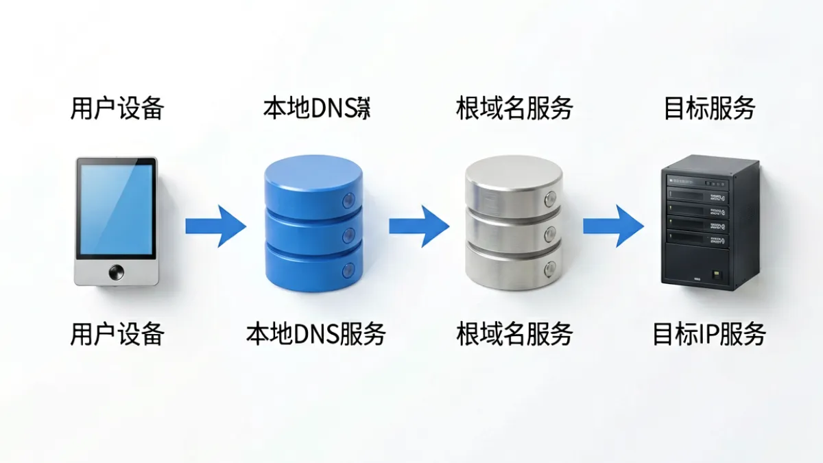 俺去也地址 - DNS解析流程示意图，展示域名从注册到用户浏览器访问的完整解析链路