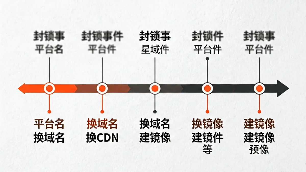 平台域名变更时间线示意图，以横轴时间线展示俺去也地址多次迁移节点与对应封锁事件